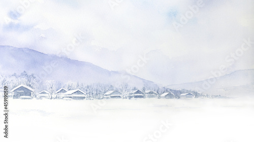 深い雪の集落 雪景色の水彩画
