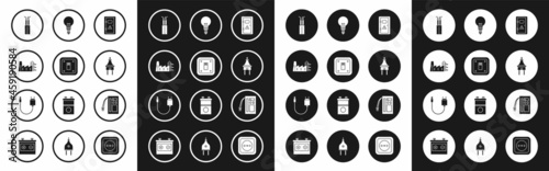 Set Electrical cabinet, light switch, Power station plant and factory, cable, plug, Light bulb with concept of idea, Battery and Charger icon. Vector