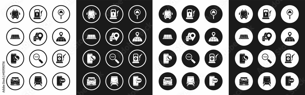 Set Magnifying glass and taxi car, Map pointer with, Taxi roof, Trolleybus, Location on the globe, Electric charging station, Petrol or Gas and call telephone service icon. Vector