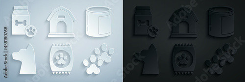 Set Bag of food for pet, Canned, Cat, Paw print, Dog house and icon. Vector