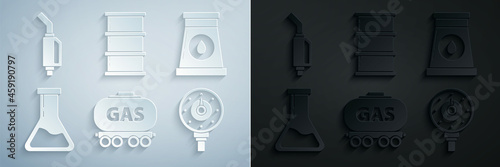 Set Gas railway cistern, Oil and gas industrial factory building, Test tube flask, Motor gauge, Barrel oil and Gasoline pump nozzle icon. Vector