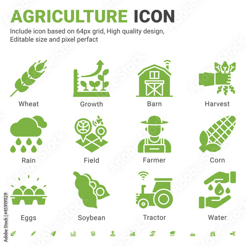 Agriculture icon set design flat style isolated on white background. Vector icon growth, farmer, fields, wheat, tractor, corn sign symbol concept for farm, mobile app, website, ui, ux and all projects