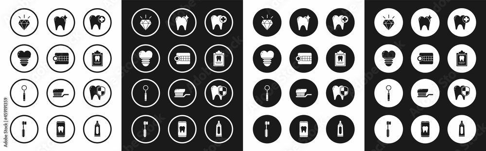 Set Tooth, Dentures model, Dental implant, Diamond teeth, Clipboard with dental card, whitening concept, protection and inspection mirror icon. Vector