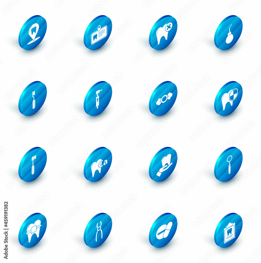 Set Id card with tooth, Tooth caries, Enema pear, Toothbrush, drill, Dental protection and Candy icon. Vector Set Id card with tooth, Tooth caries, Enema pear, Toothbrush, drill, Dental protection and Candy icon. Vector