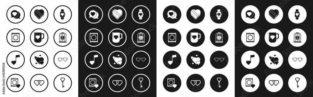 Set Heart in the center wrist watch, Coffee cup and heart, Condom package, speech bubble, bird cage, Candy shaped box, love glasses and Music note, tone with hearts icon. Vector Set Heart in the center wrist watch, Coffee cup and heart, Condom package, speech bubble, bird cage, Candy shaped box, love glasses and Music note, tone with hearts icon. Vector