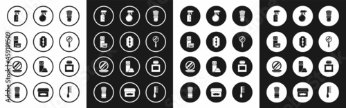 Set Shaving brush, Blade razor, gel foam, Hairdresser pistol spray bottle, Hand mirror, Aftershave and Makeup powder with icon. Vector