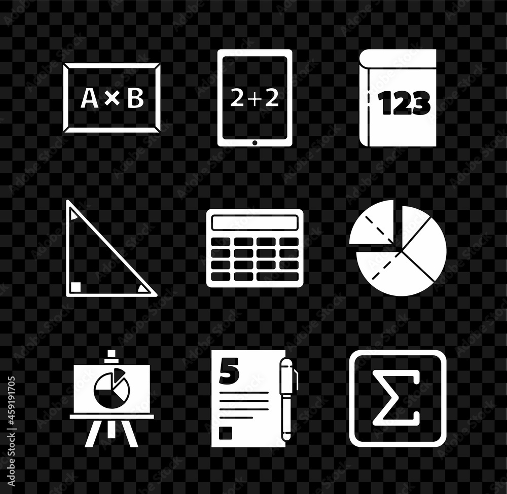 Set Chalkboard, Tablet with calculator, Book word mathematics, diagram, Test exam sheet and pen