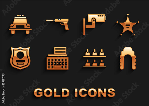 Set Retro typewriter, Hexagram sheriff, Judge wig, Jurors, Police badge, Security camera, car and flasher and Pistol gun with silencer icon. Vector