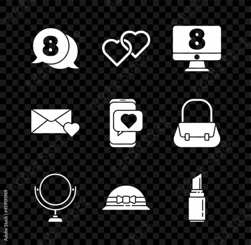 Set 8 March in speech bubble, Two Linked Hearts, on monitore, Round makeup mirror, Elegant women hat, Lipstick, Envelope with and Online dating app and chat icon. Vector