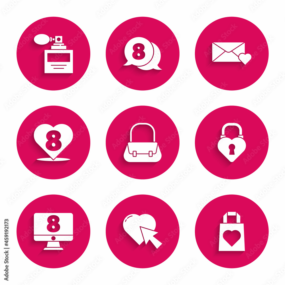 Fototapeta premium Set Handbag, Heart cursor click, Shopping with heart, Castle the shape of, 8 March on monitore, Envelope and Perfume icon. Vector