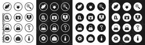 Set Search 8 March, Calendar with, Shopping bag heart, Heart, on monitore, Necklace shaped pendant, Key and Handbag icon. Vector