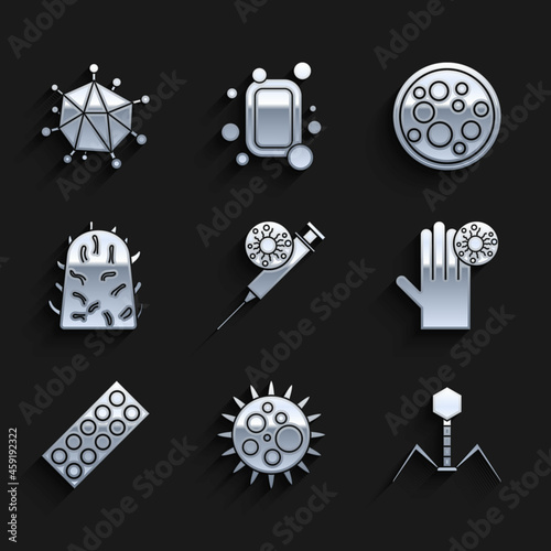 Set Syringe and virus, Virus, Bacteria bacteriophage, Hand with, Pills blister pack, Rabies, and icon. Vector