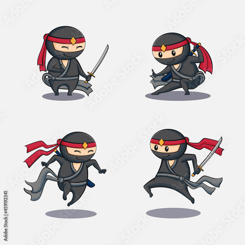 Cute Cartoon Ninja Set Hand Drawn Vector Design