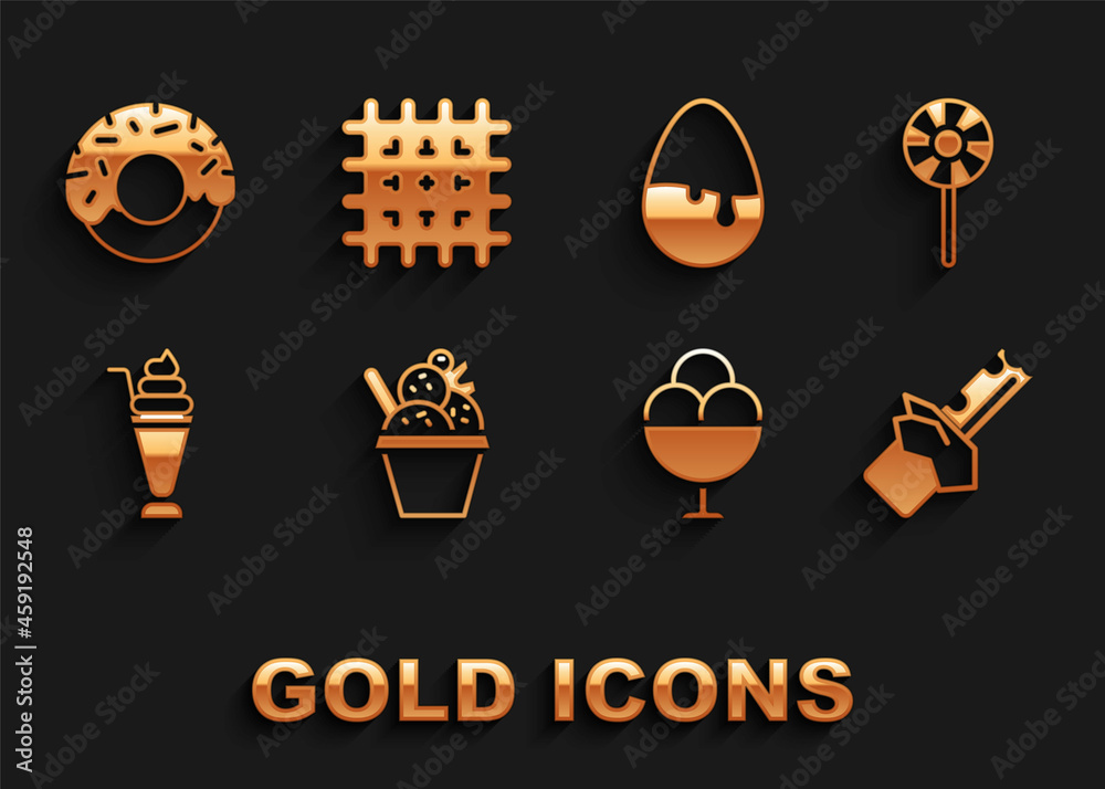 Set Ice cream in bowl, Lollipop, Bitten chocolate bar, Milkshake, Chocolate egg, Donut and Cracker biscuit icon. Vector Set Ice cream in bowl, Lollipop, Bitten chocolate bar, Milkshake, Chocolate egg, Donut and Cracker biscuit icon. Vector