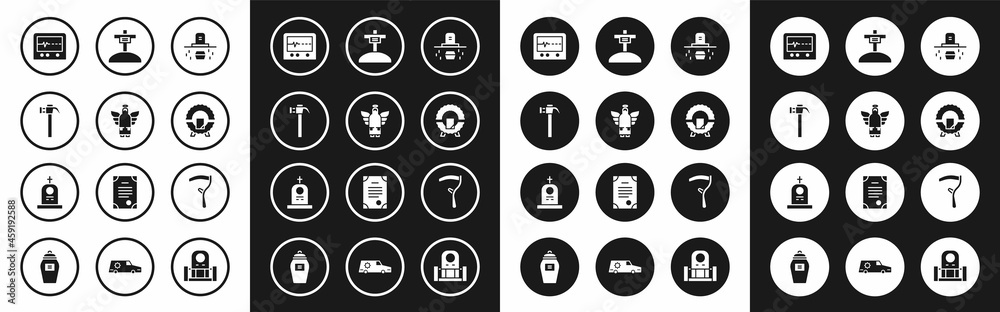Set Grave with coffin, Christmas angel, Hammer, Beat dead monitor, Memorial wreath, cross, Scythe and tombstone icon. Vector