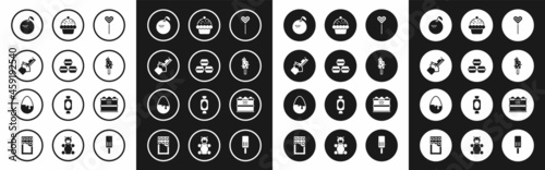 Set Lollipop, Macaron cookie, Bitten chocolate bar, Apple, Ice cream, Cupcake, Cake and Chocolate egg icon. Vector