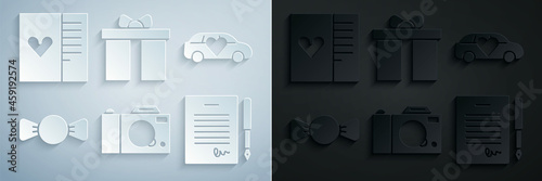 Set Photo camera, Limousine car, Bow tie, Marriage contract, Gift box and Postcard with heart icon. Vector