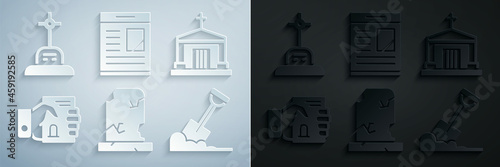 Set Old grave with tombstone, crypt, Death certificate in hand, Shovel the ground, Obituaries and Grave cross icon. Vector