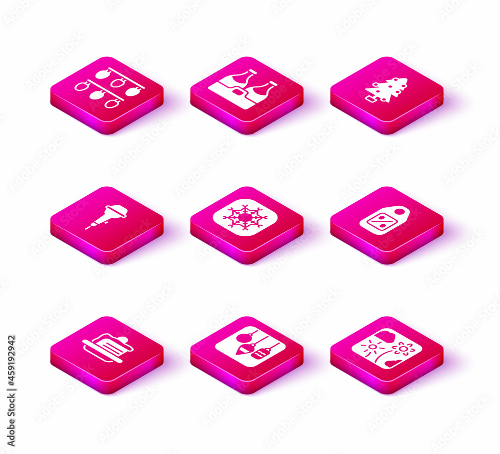 Set Cake, Christmas lights, Microphone, Snowflake, Firework rocket, Price tag with Sale, tree and Champagne bottle icon. Vector