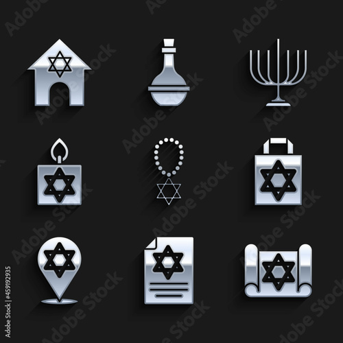 Set Star of David necklace on chain, Torah scroll, Shopping bag with star david, Burning candle, Hanukkah menorah and Jewish synagogue icon. Vector