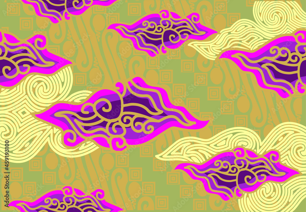 Motif Mega Mendung, batik motif typical of West Java Indonesia, curved line pattern with cloud objects, with developments and various artistic colors Motif Mega Mendung, batik motif typical of West Java Indonesia, curved line pattern with cloud objects, with developments and various artistic colors