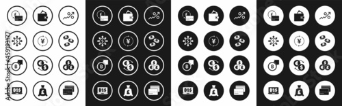 Set Percent up arrow, Coin money with Yen, Dollar, share, network, Credit card, dollar, Wallet, Currency exchange and Financial growth and bitcoin icon. Vector