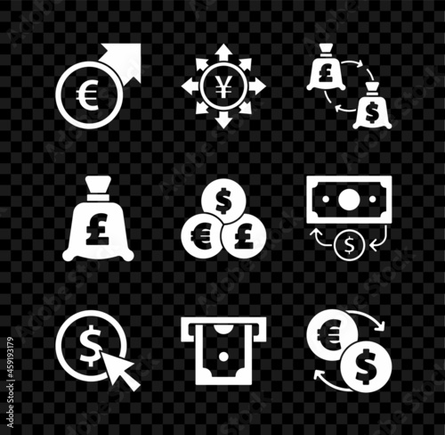 Set Financial growth and euro, Coin money with Yen, Currency exchange, dollar, ATM, Money, pound and icon. Vector