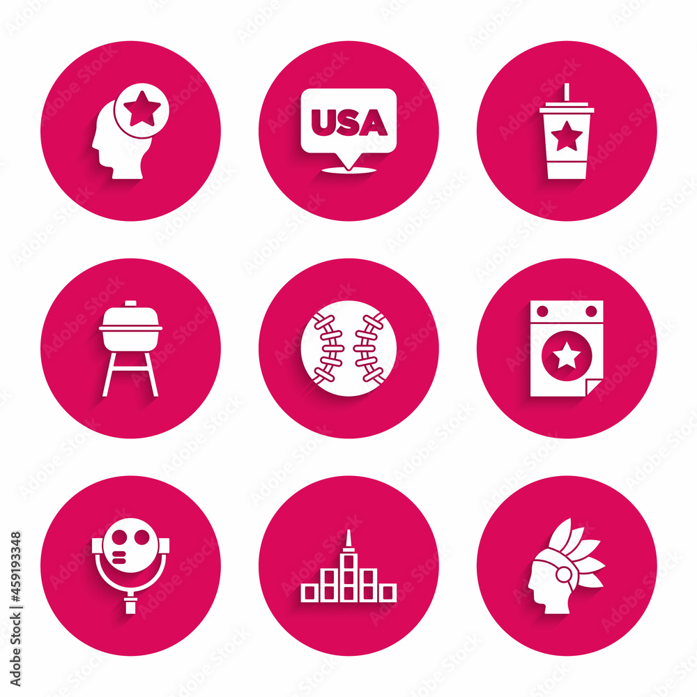 Set Baseball ball, City landscape, Native American Indian, Calendar with date July 4, Tourist binoculars, Barbecue grill, Paper glass straw and USA Head icon. Vector Set Baseball ball, City landscape, Native American Indian, Calendar with date July 4, Tourist binoculars, Barbecue grill, Paper glass straw and USA Head icon. Vector