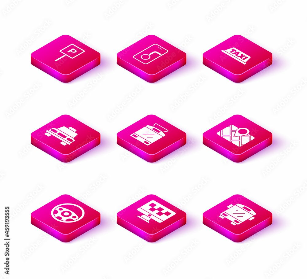 Set Steering wheel, Computer call taxi service, Taxi car, Tram and railway, Bus, Gps device with map, roof and City navigation icon. Vector Set Steering wheel, Computer call taxi service, Taxi car, Tram and railway, Bus, Gps device with map, roof and City navigation icon. Vector