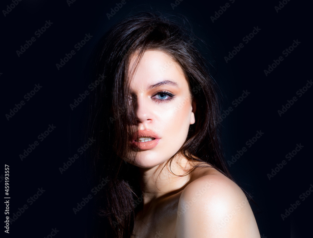 Woman with beauty face, facial portrait. Beautiful tender sensual young girl. Fashion model isolated in studio. Woman with beauty face, facial portrait. Beautiful tender sensual young girl. Fashion model isolated in studio.