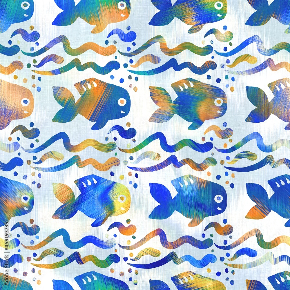 Fototapeta premium Batik fish tie dye wash background. Mottled underwater swimming fishes for beach swimwear. Fun summer trendy beach fashion print. Digital fluid watercolor effect. High resolution seamless pattern.