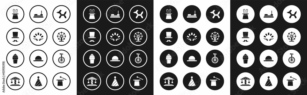 Set Balloon dog, Hand holding playing cards, Magician, hat rabbit ears, Ferris wheel, Bumper, Unicycle or one bicycle and Ice cream icon. Vector Set Balloon dog, Hand holding playing cards, Magician, hat rabbit ears, Ferris wheel, Bumper, Unicycle or one bicycle and Ice cream icon. Vector
