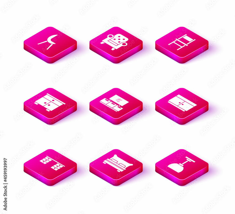 Set Office desk, Big bed, Furniture nightstand, TV table, Lamp hanging, Chest of drawers, Chair and Armchair icon. Vector Set Office desk, Big bed, Furniture nightstand, TV table, Lamp hanging, Chest of drawers, Chair and Armchair icon. Vector