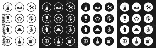 Set Balloon dog, Hand holding playing cards, Magician, hat rabbit ears, Ferris wheel, Bumper, Unicycle or one bicycle and Ice cream icon. Vector