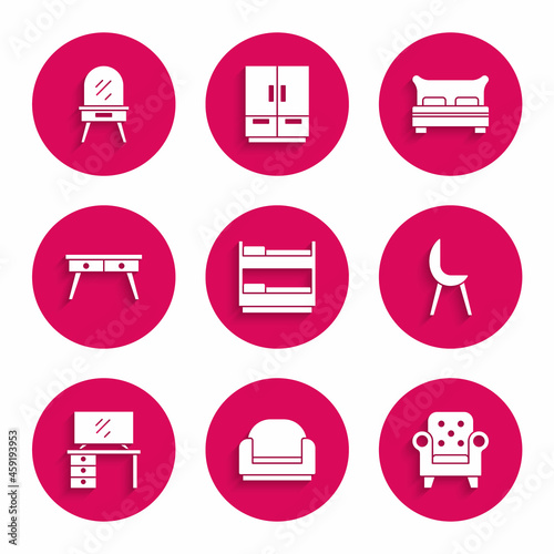 Set Bunk bed, Armchair, TV table stand, Office desk, Big and Dressing icon. Vector