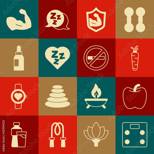 Set Bathroom scales, Apple, Carrot, Bodybuilder muscle, Sleepy, Essential oil bottle, and No Smoking icon. Vector