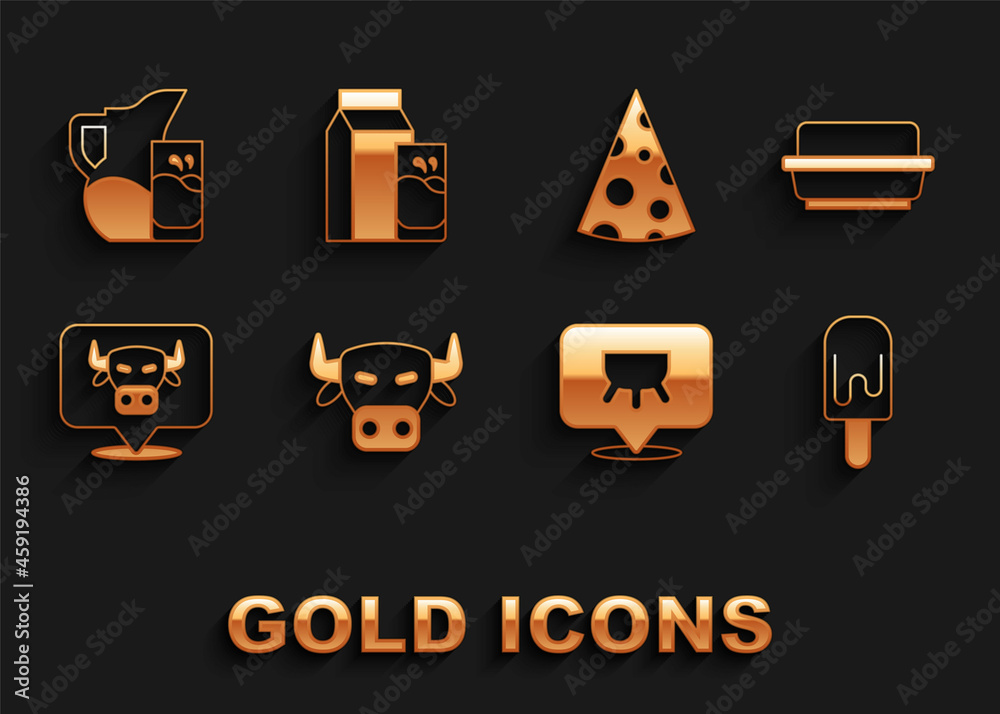 Set Cow head, Butter in butter dish, Ice cream, Udder, Cheese, Milk jug or pitcher and glass and Paper package for kefir icon. Vector Set Cow head, Butter in butter dish, Ice cream, Udder, Cheese, Milk jug or pitcher and glass and Paper package for kefir icon. Vector