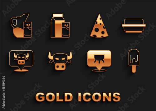 Set Cow head, Butter in butter dish, Ice cream, Udder, Cheese, Milk jug or pitcher and glass and Paper package for kefir icon. Vector