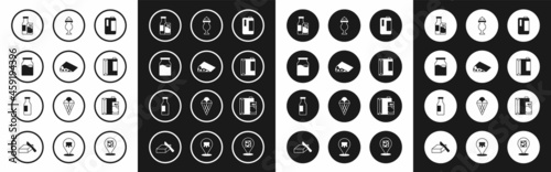 Set Milk in plastic bottle, Cheese, Bottle with milk, and glass, Paper package for kefir, Milkshake, and icon. Vector