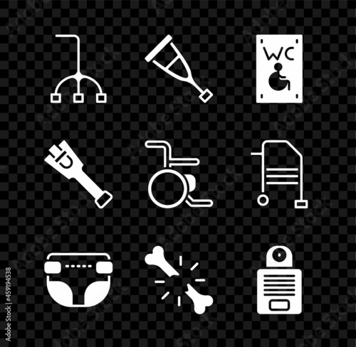 Set Walking stick cane, Crutch or crutches, Separated toilet for disabled, Adult diaper, Human broken bone, Intercom, Prosthesis leg and Wheelchair icon. Vector
