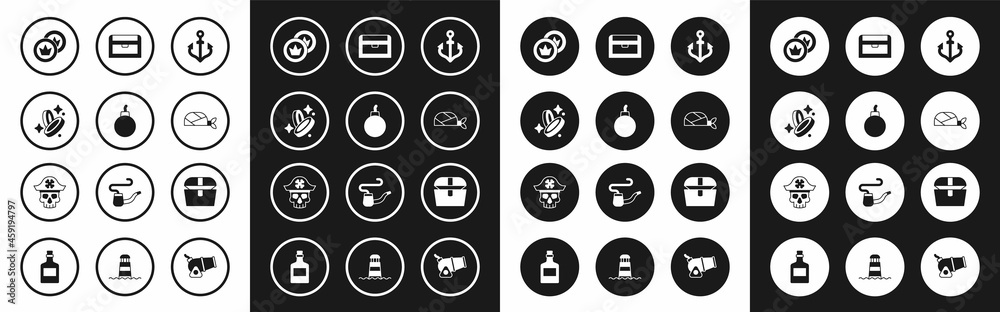 Set Anchor, Bomb ready to explode, Pirate coin, bandana for head, Antique treasure chest, and captain icon. Vector
