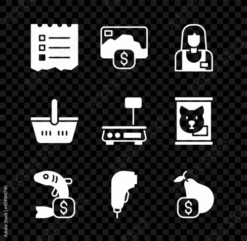 Set Shopping list, Credit card, Seller, Price tag for fish, Scanner scanning bar code, pear, basket and Electronic scales icon. Vector