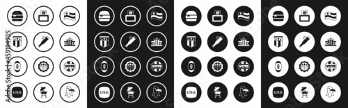 Set American flag, Baseball bat with ball, Burger, White House, Vote box, and Football icon. Vector