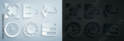 Set Wrench and gear, Delivery tracking, Clock, Pie chart infographic, Arrow and Many ways directional arrow icon. Vector
