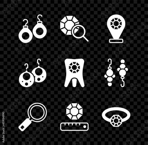 Set Earrings, Gem stone, Jewelry store, Magnifying glass, Diamond engagement, and Tooth with diamond icon. Vector
