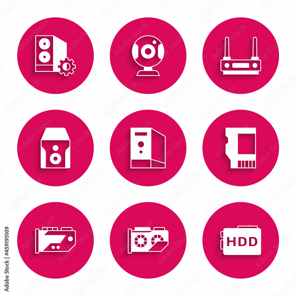 Set Case of computer, Video graphic card, Hard disk drive HDD, SD, Uninterruptible power supply, Router and wi-fi signal and icon. Vector Set Case of computer, Video graphic card, Hard disk drive HDD, SD, Uninterruptible power supply, Router and wi-fi signal and icon. Vector