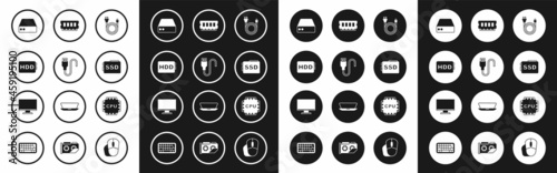 Set Electric plug, USB cable cord, Hard disk drive HDD, Server, Data, Web Hosting, SSD card, RAM, random access memory, Processor with CPU and Computer monitor screen icon. Vector