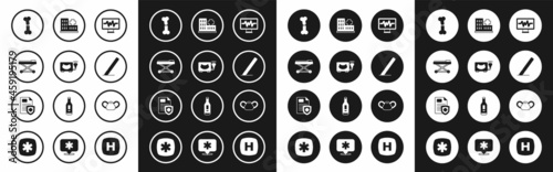 Set Monitor with cardiogram, Ultrasound, Stretcher, Human broken bone, Surgery scalpel, Hospital building, Medical protective mask and Patient record icon. Vector