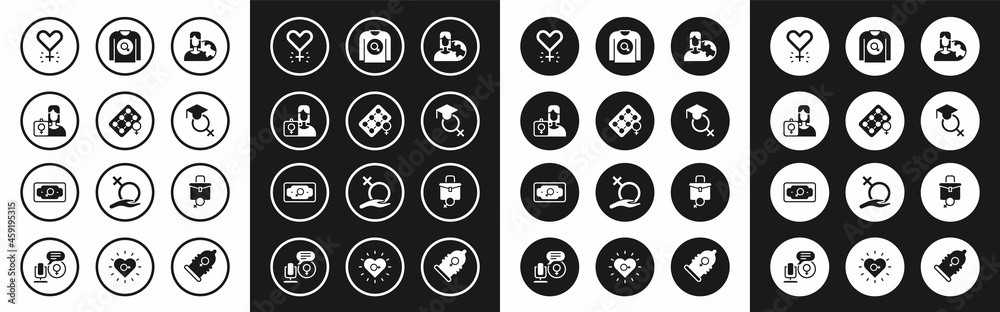 Set Women from different countries, Packaging of birth control pills, Feminist activist, Feminism, Teacher, shirt, Work for female and Money growth woman icon. Vector Set Women from different countries, Packaging of birth control pills, Feminist activist, Feminism, Teacher, shirt, Work for female and Money growth woman icon. Vector
