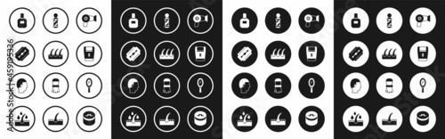 Set Hair dryer, Human hair follicle, Blade razor, Aftershave, Electric blade, Classic Barber shop pole, Hand mirror and Hairstyle for men icon. Vector